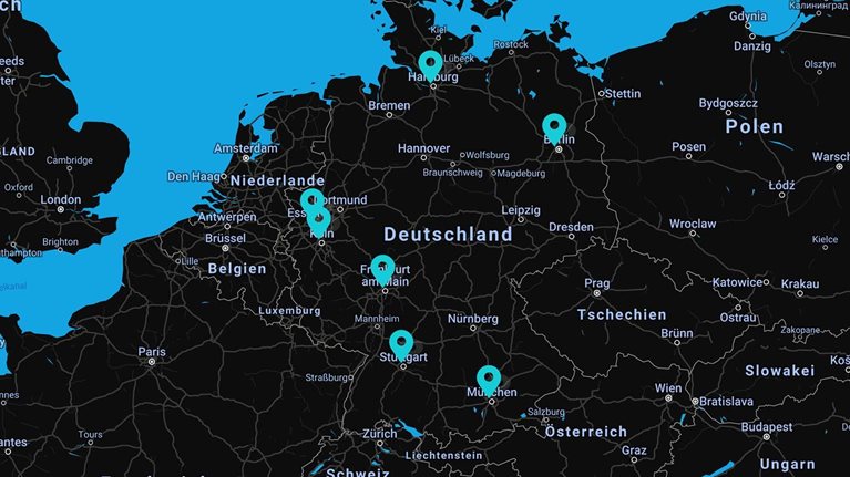Map of Germany with pins for each of McKinsey's locations in Germany