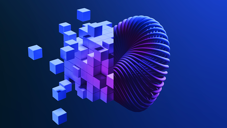 An abstract shape that is half structured three-dimensional blocks and half circular coil.