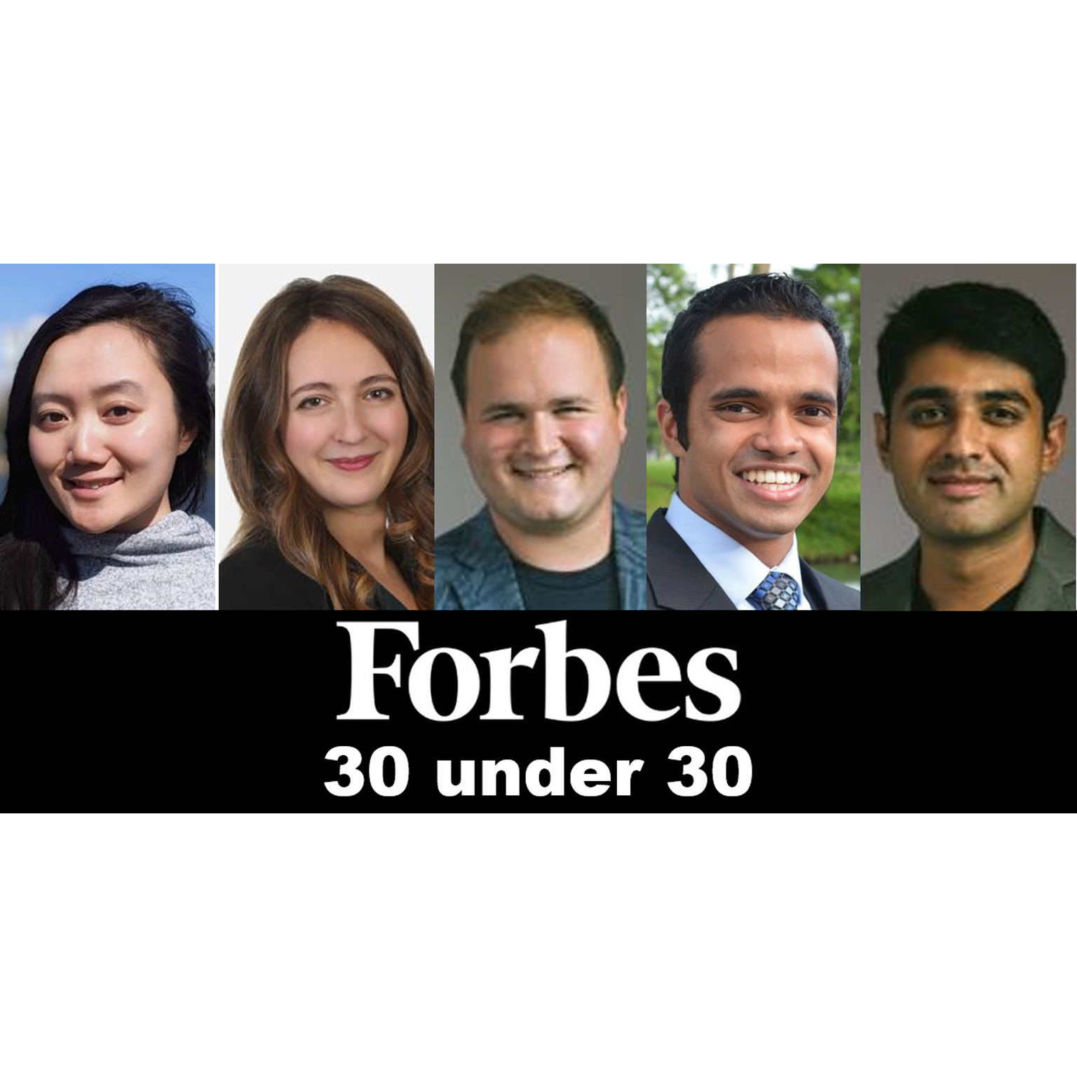 Montage image of five alumni with Forbes 30 under 30 logo