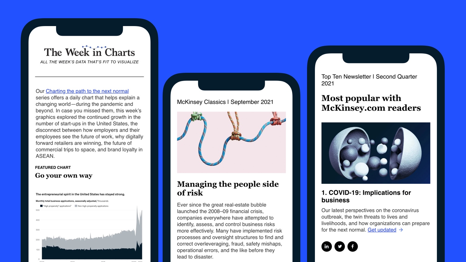 Three mobile phones with McKinsey newsletters on the screen, over an electric blue background