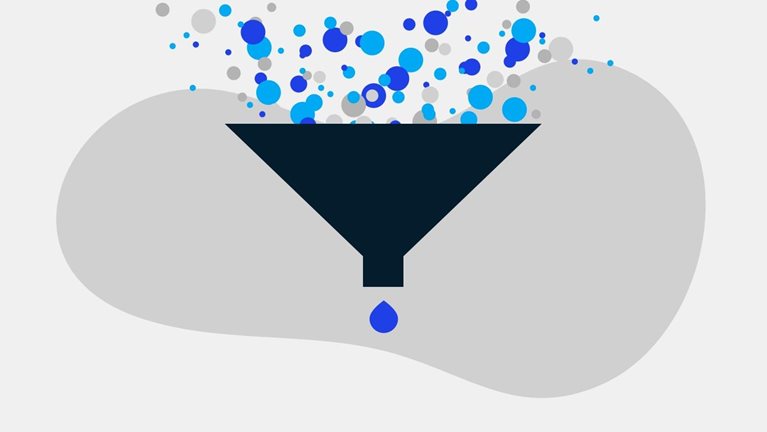 Multicolored balls going into a funnel and one single ball coming out