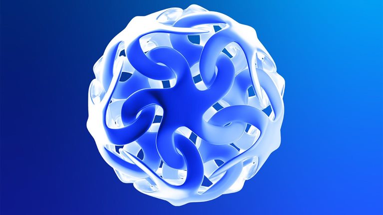 Digital generated image of futuristic organic shaped sphere against blue background.