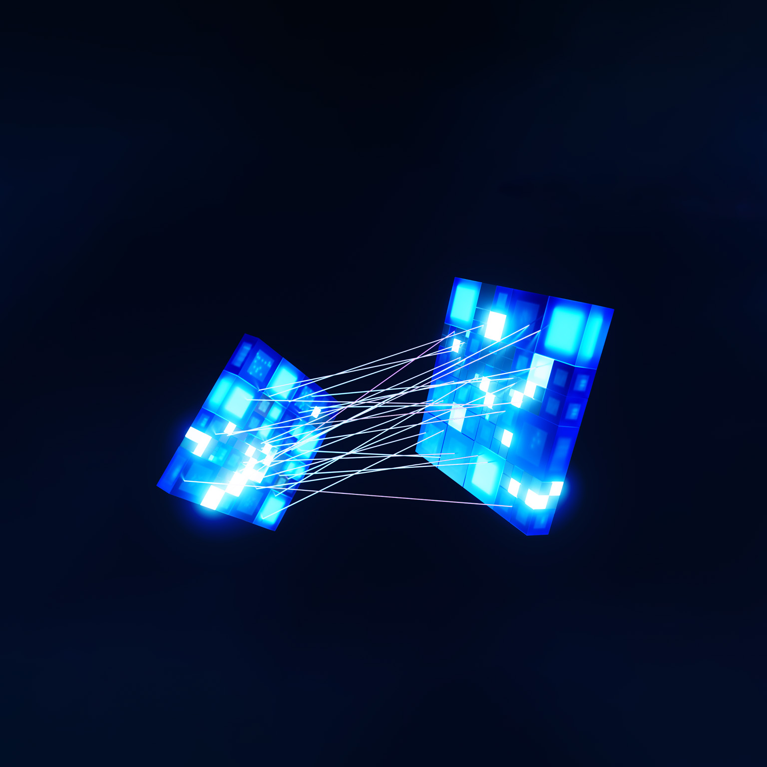 Two bright blue cubes, made up of smaller blue squares with digital patterns. Delicate white lines connect the cubes, giving the impression that they are being drawn together.