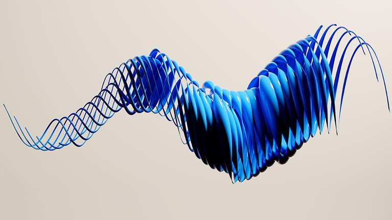 Digital generated image of abstract blue wave swirl flowing turbulent against grey background.