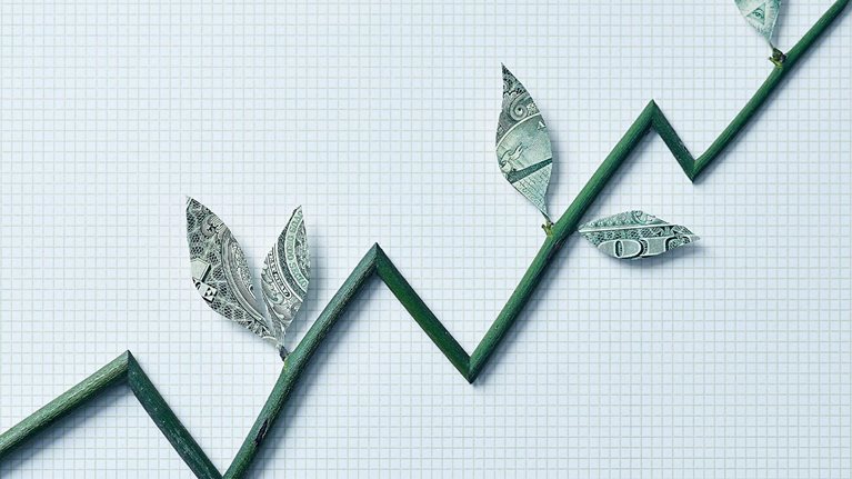 Leaves growing from a staggering graph going upward