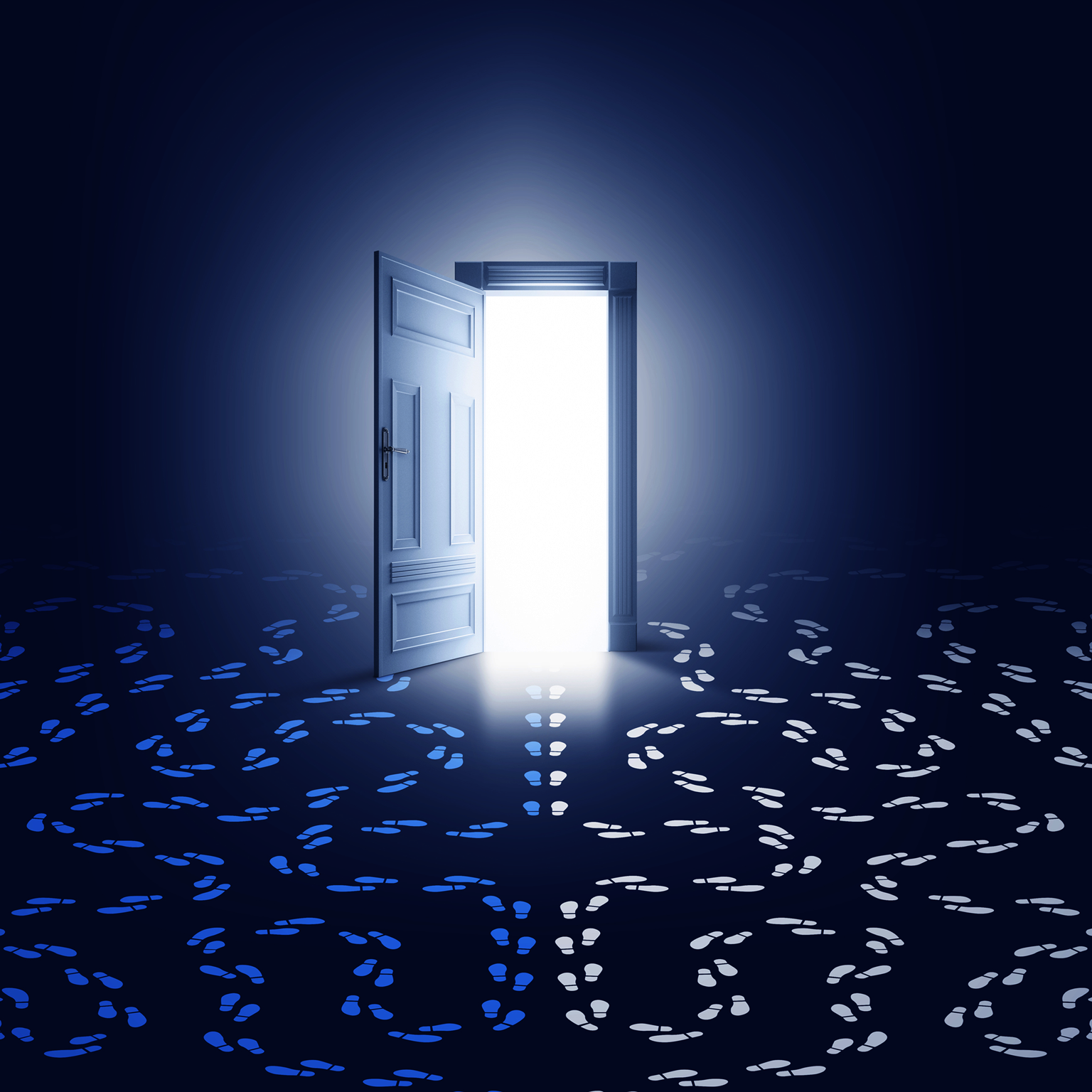 A glowing, open doorway with two sets of footprints with circling paths at either side and a third set of footprints heading through the door. 