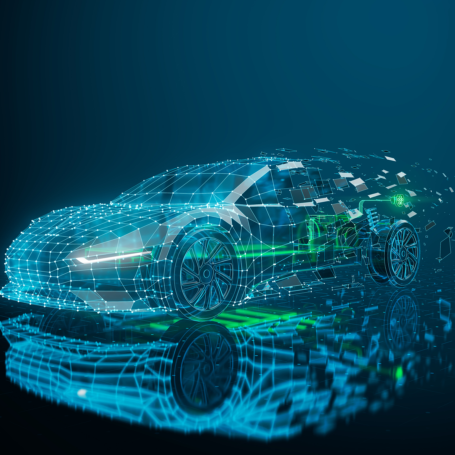 Glowing construction blueprint of futuristic electric car