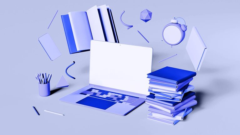 Books, laptop, timepiece, other study implements