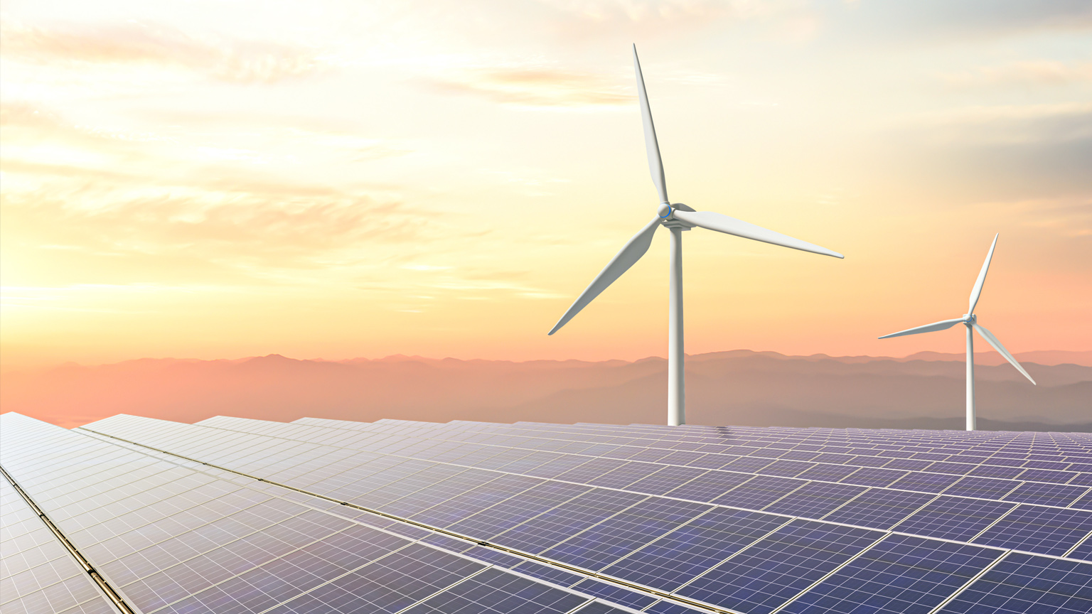 Solar panels and wind turbines, 3D rendering - stock photo