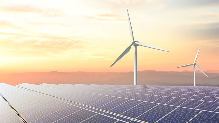 Solar panels and wind turbines, 3D rendering - stock photo