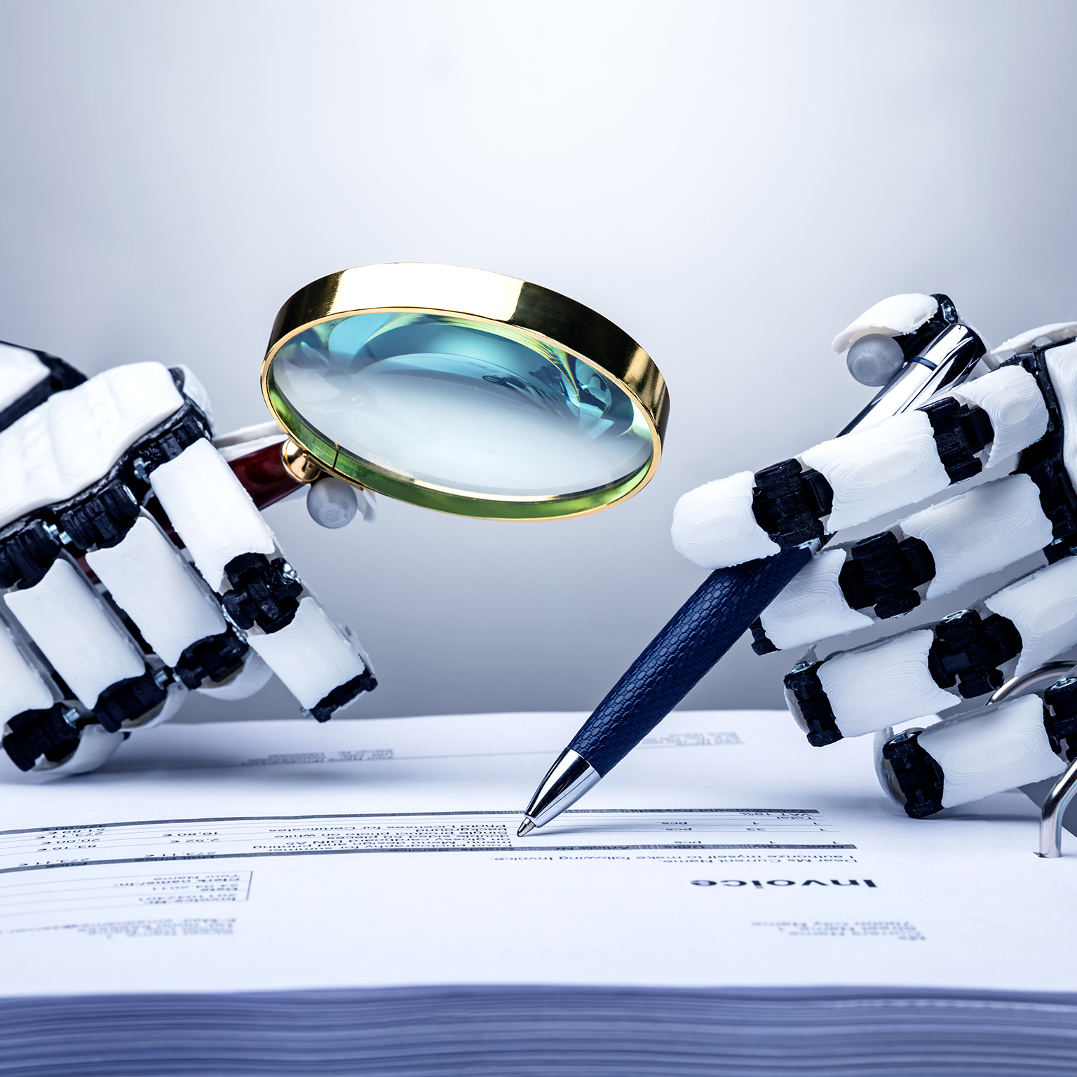 Robot examining invoice