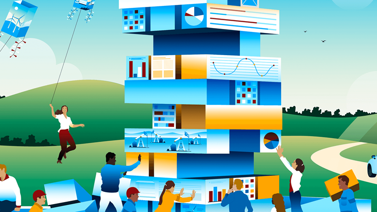 People constructing building out of sustainable energy blocks. - illustration