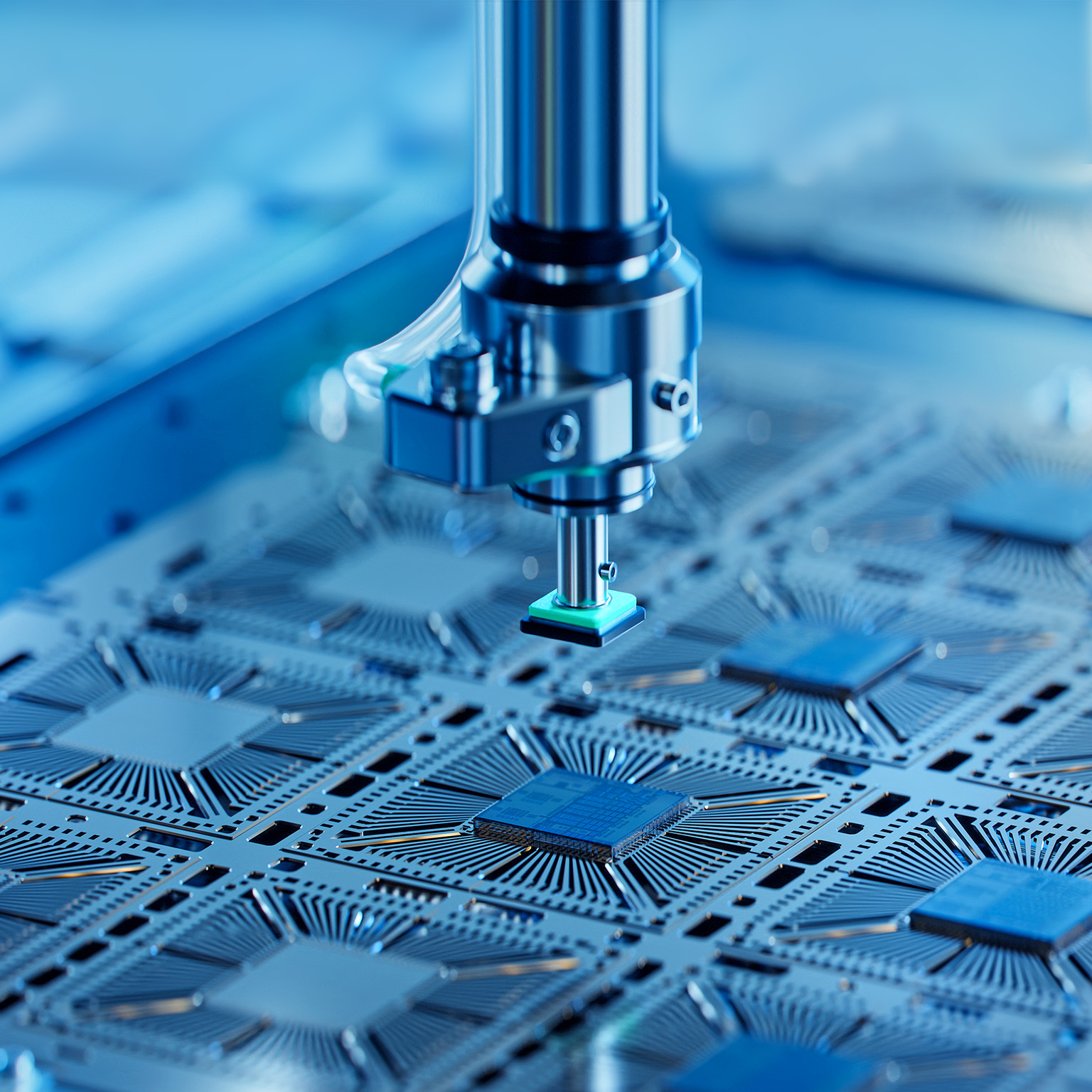 Close-up of silicon die being extracted from a semiconductor wafer