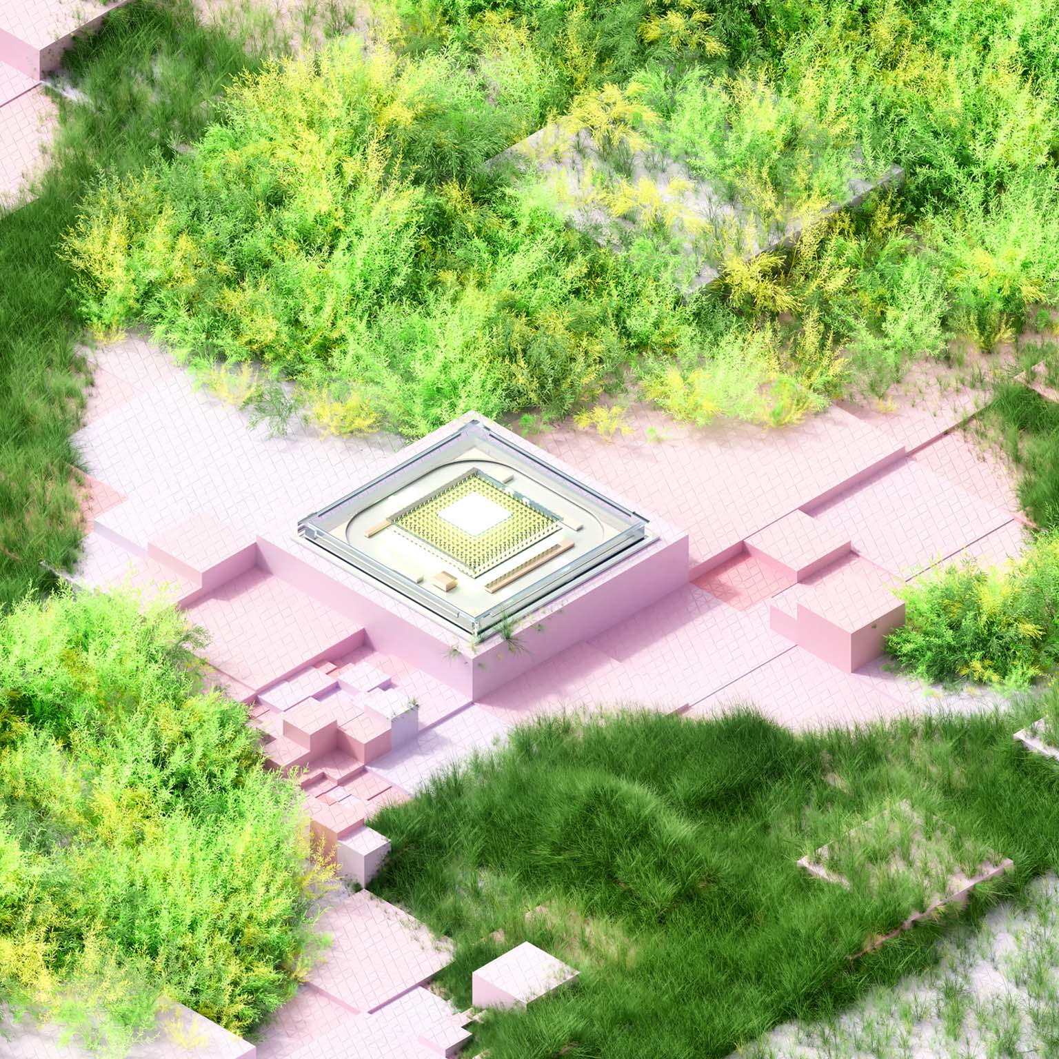 Conceptual image of glowing futuristic semiconductor, digital data flowing and lush green ecosystem.