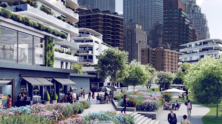 A photorealistic scene of a mixed-use development with older office buildings looming in the background. The foreground is bustling with shoppers and office professionals walking along wide sidewalks alongside multistory buildings with stores and eateries on the lower levels and offices and apartments above them.