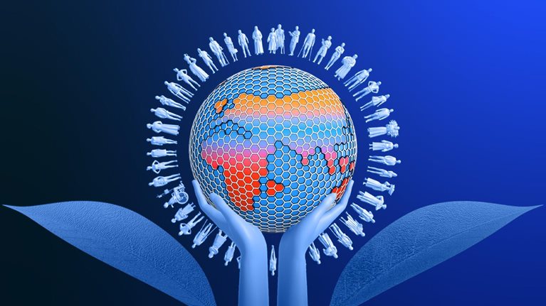 Two arms extend toward the middle of the image with a turning globe cradled in their hands. Two large leaves stretch out from either side of the arms and softly move as if in a breeze. The image resembles a flower, with the outstretched arms the stalk and the ring of people the petals.